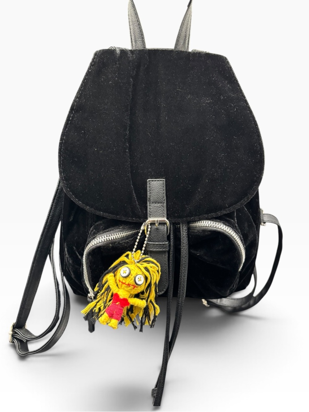Black Velvet Backpack with Zumbies “Untalented Talia” Lucky Juju Doll Charm